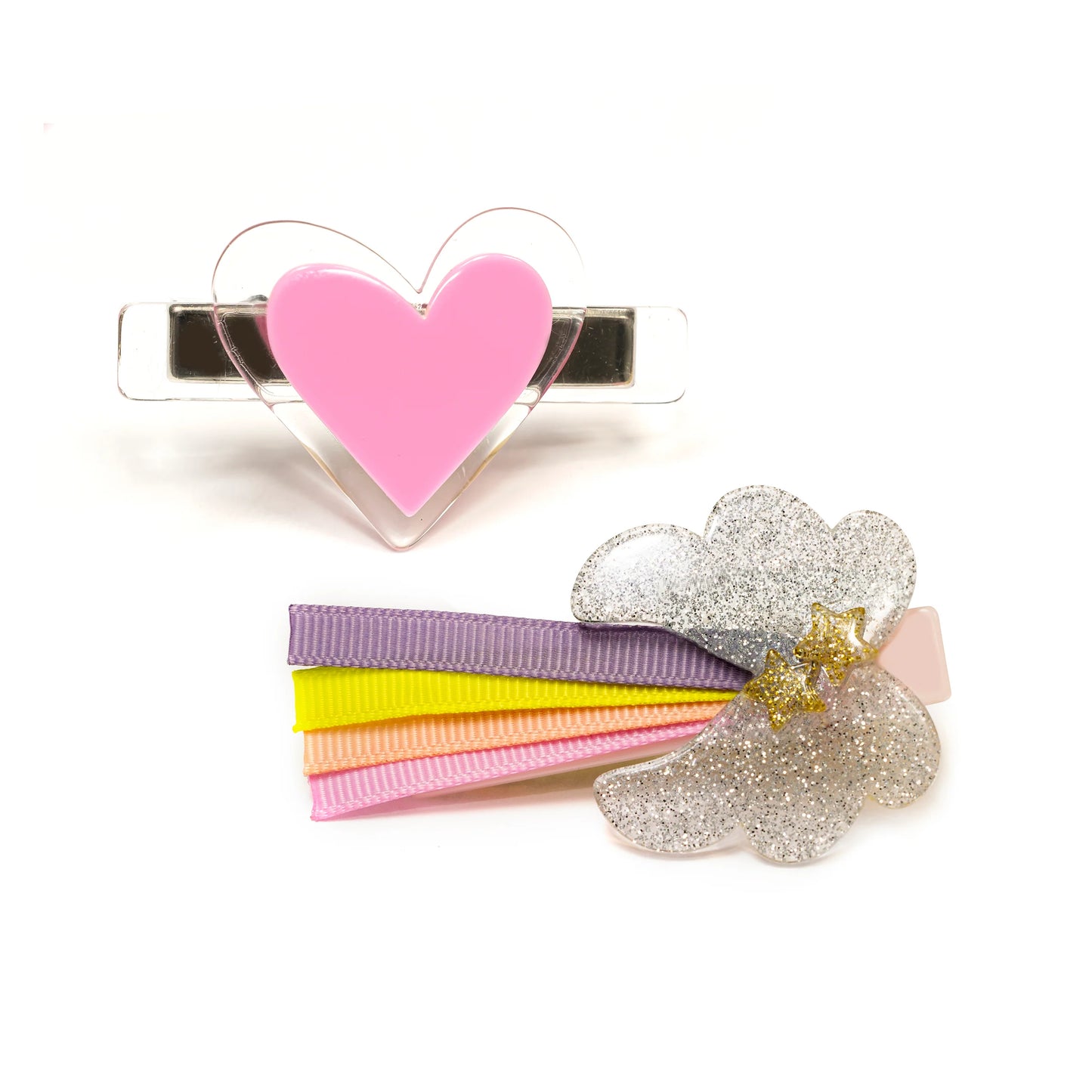 Wings Silver Glitter & Heart Light Pink Alligator Clips
